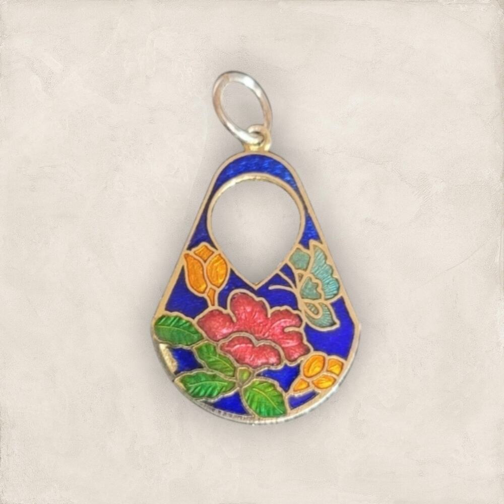 Vtg Cloisonne Floral Drop Pendant Red Rose Multicolor Flowers Blue Background